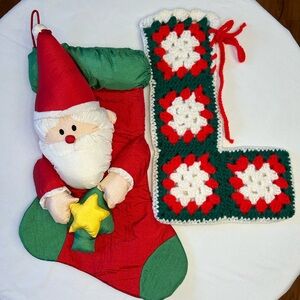 Pair of vintage Christmas Stockings 3D Puffy Santa Claus Crochet Granny Square